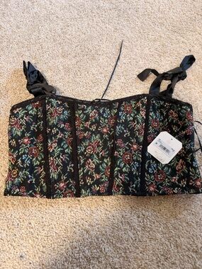 Altar'd State Black Floral Brocade Corset Crop Top with Ribbon Straps